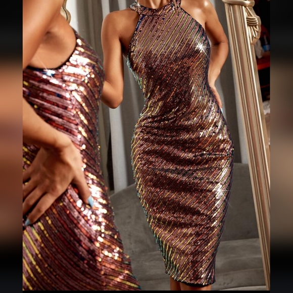 Cut Out Slit Back Halter Neck Sequin Bodycon Dress Sparkling Size Medium - Picture 10 of 10